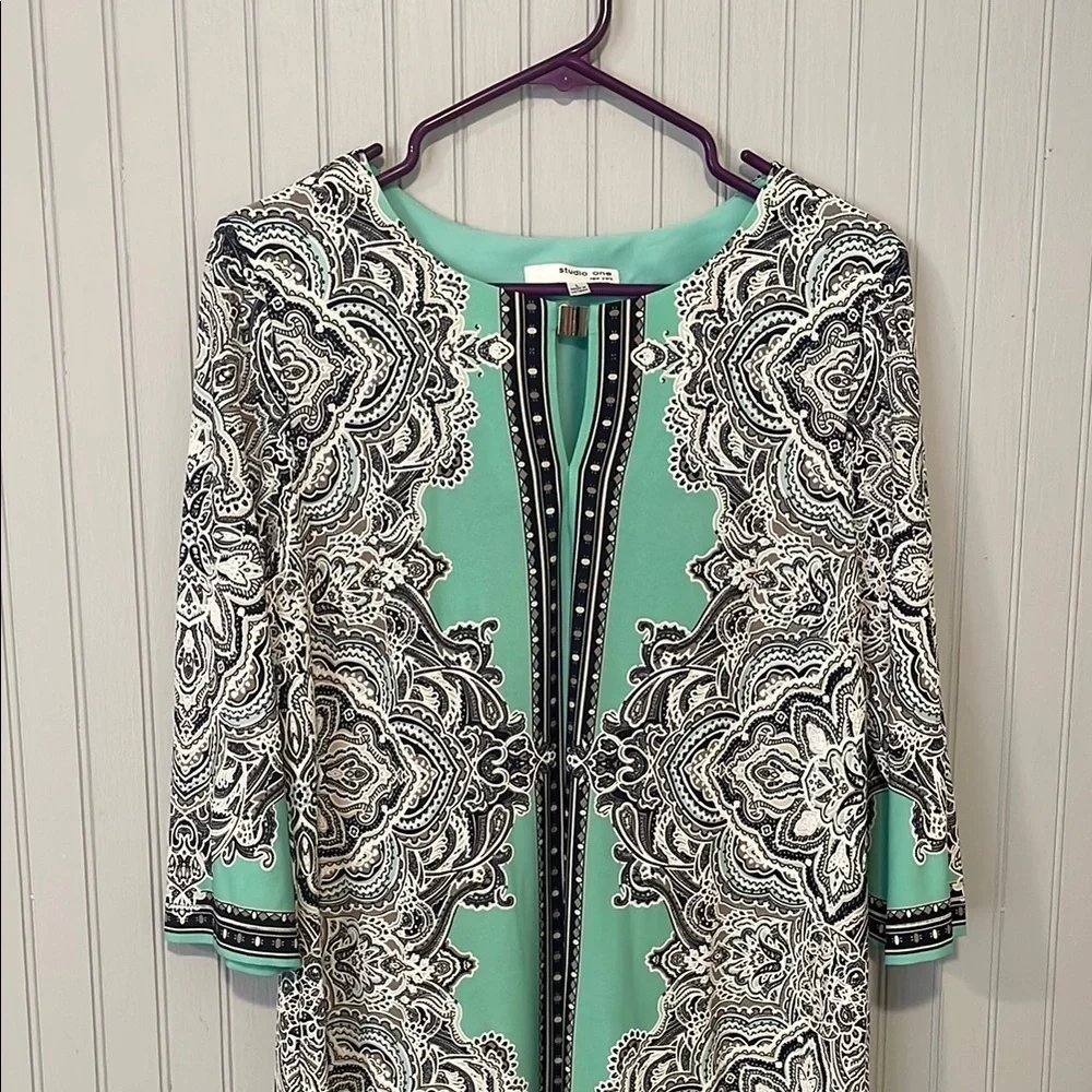 Studio One Green Blue Paisley Floral Sheath Dress | Large - Picture 4 of 11